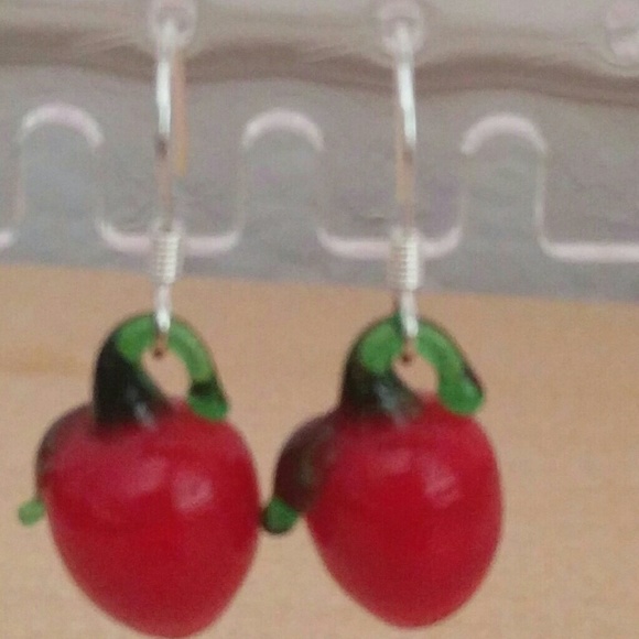 Glass Red Delicious Apple Bead Handmade Earrings - Picture 4 of 7